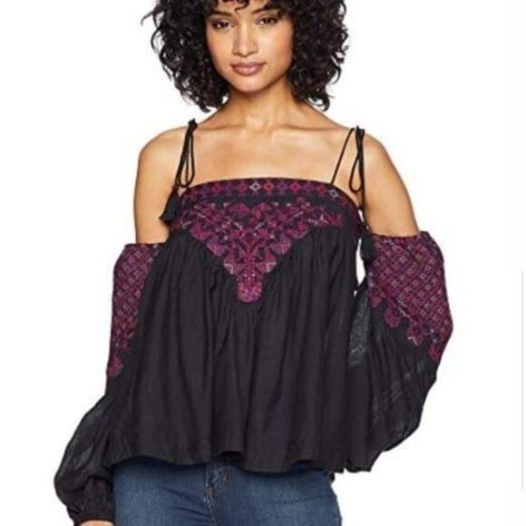 Free People Womens Top Black XS Off-the-Shoulder Embroidered Blouse - Picture 8 of 8